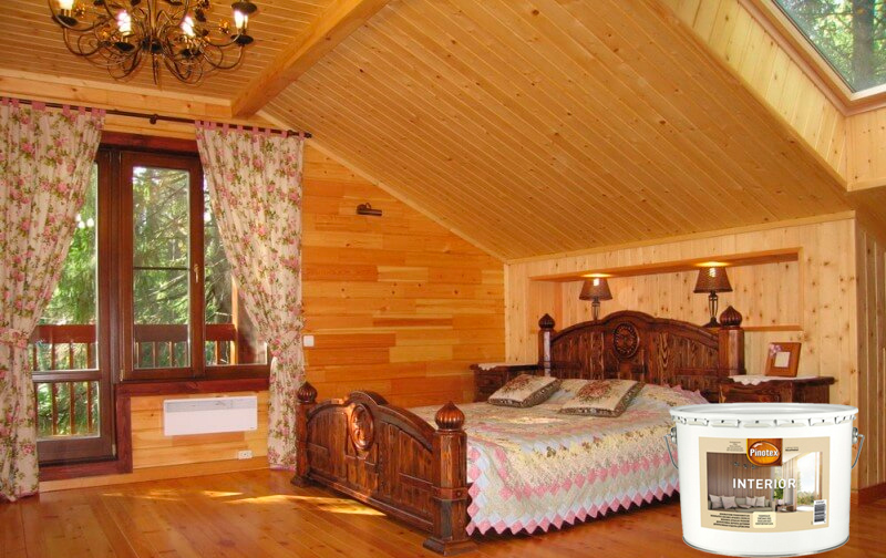 Стены и потолок пропитаны составом PINOTEX INTERIOR (Пинотекс Интериор)