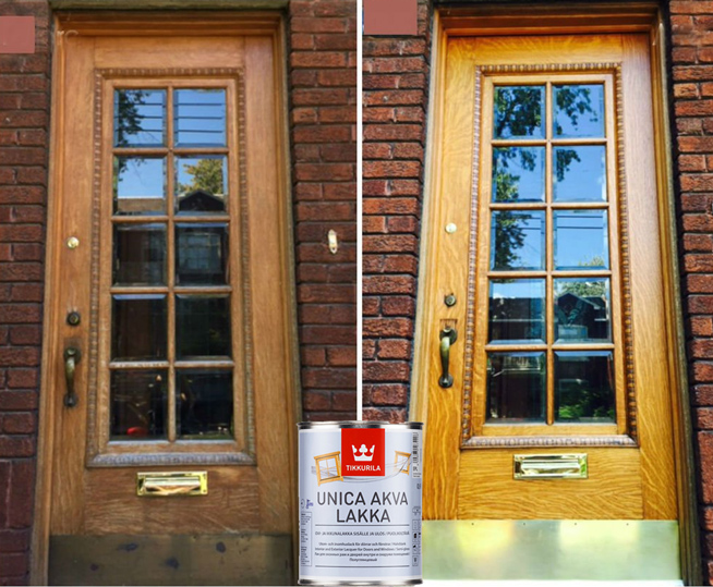 Реставрация дверей лаком Tikkurila Unica Akva Lakka